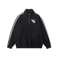 Men's black Hong Kong style polyester hoodie sweater with stand collar and long sleeves