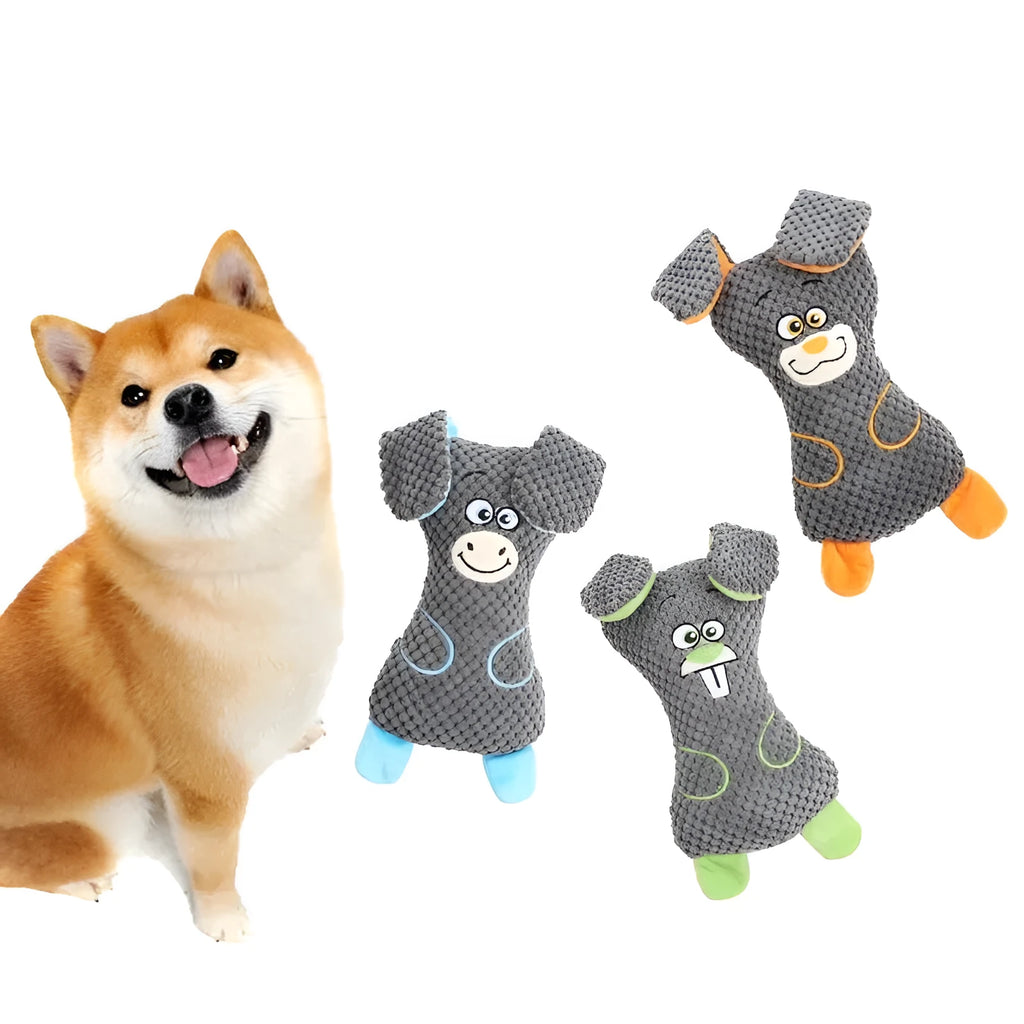 Assorted dog plush bite toys in blue, green, orange with cute animal shapes and squeaker