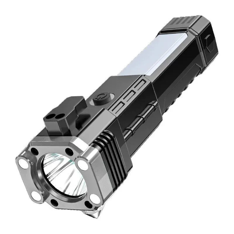 Silver portable LED torch with integrated power bank, showing USB port and IP44 rating.