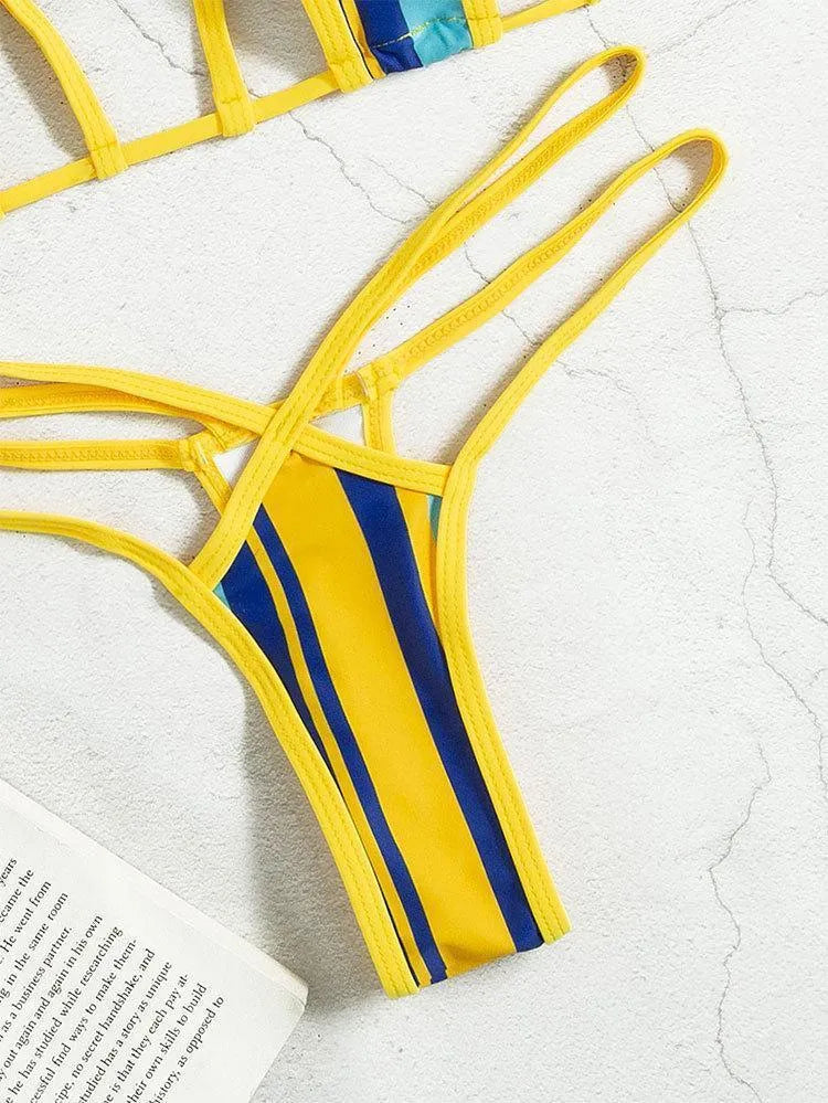 Yellow women's split swimsuit with hollow back design and high-waist shorts