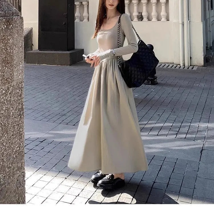 Black or grey square collar knitted dress with elastic waist and long A-line skirt