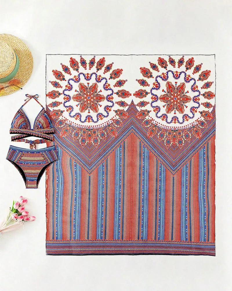 Women's three-piece swimsuit set showing high-waist cutout bottoms, sleeveless top, and coat in matching colour