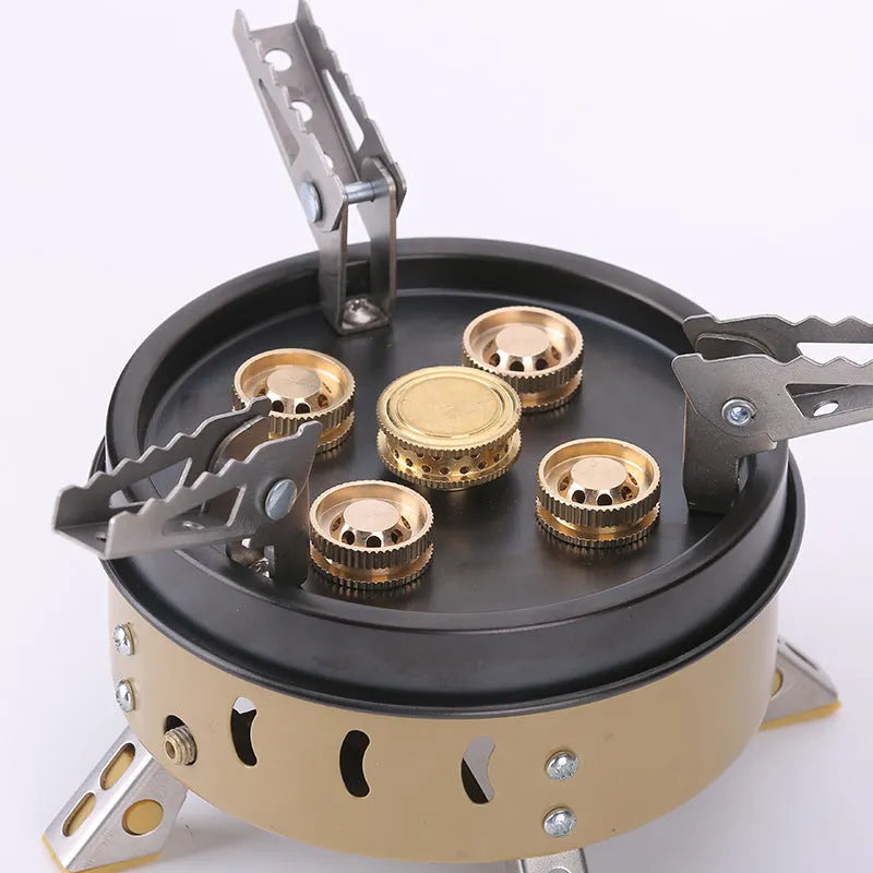 Portable windproof gas stove set with butane fuel burner 11000W for outdoor camping cookout, dark khaki colour