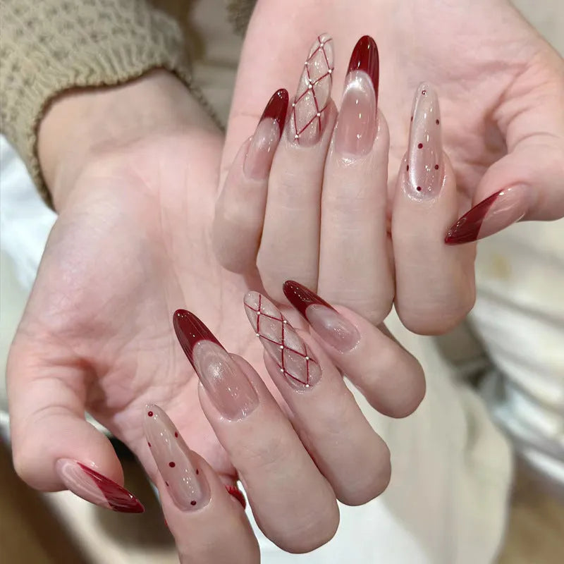 Press-on false nail kits showing multiple sets with assorted colours and adhesive tabs