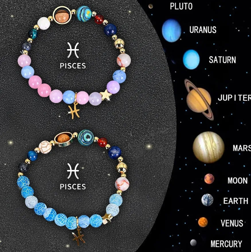 Natural stone beaded bracelets showing twelve zodiac sign designs