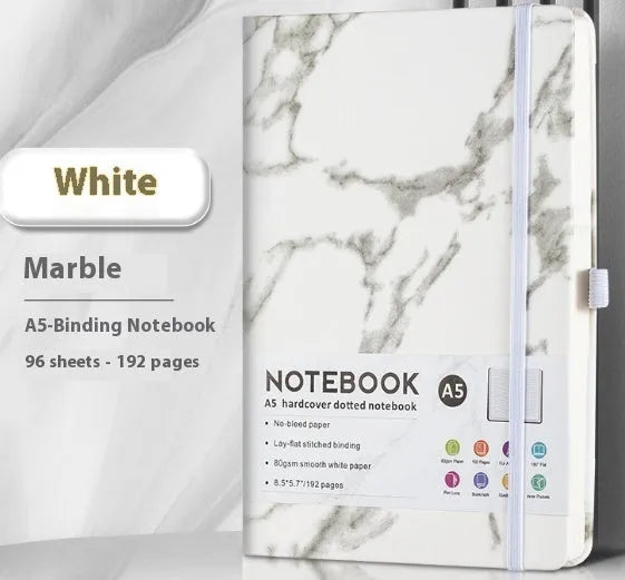 A5 PU leather strap notebook with horizontal lines available in marble and skin-feeling colours like black, blue, and gold