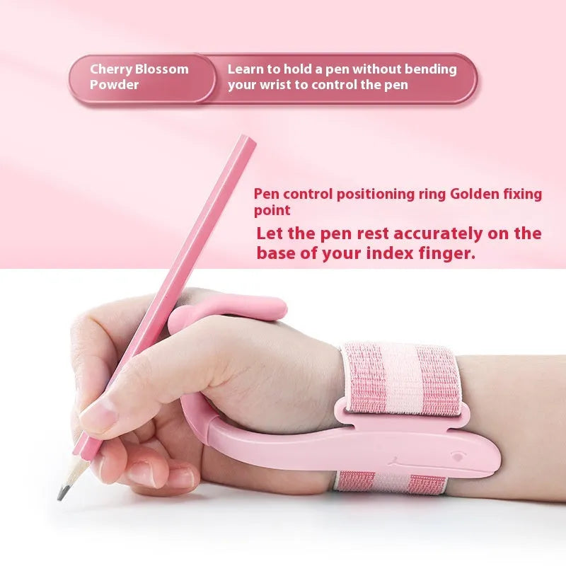 Blue Anti-hook Holder Pen Control Corrector, a wrist brace and pencil grip for children's handwriting.