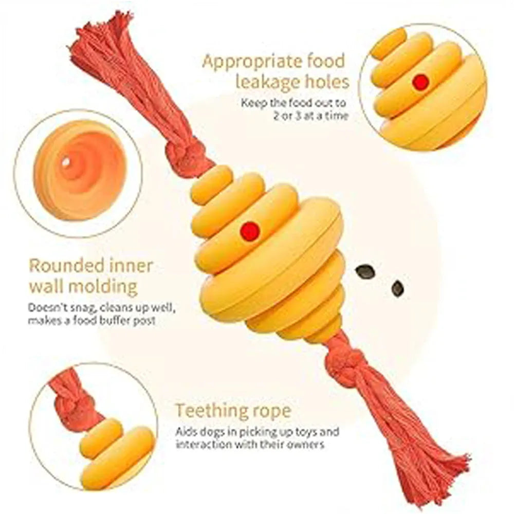 Green and yellow split oval dog ball with attached rope, a treat-dispensing chew toy