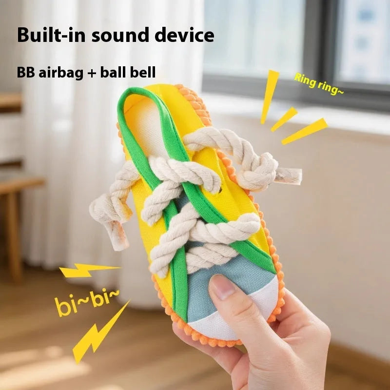 Colourful plastic dog chew toy with bends and squeaker for dental exercise