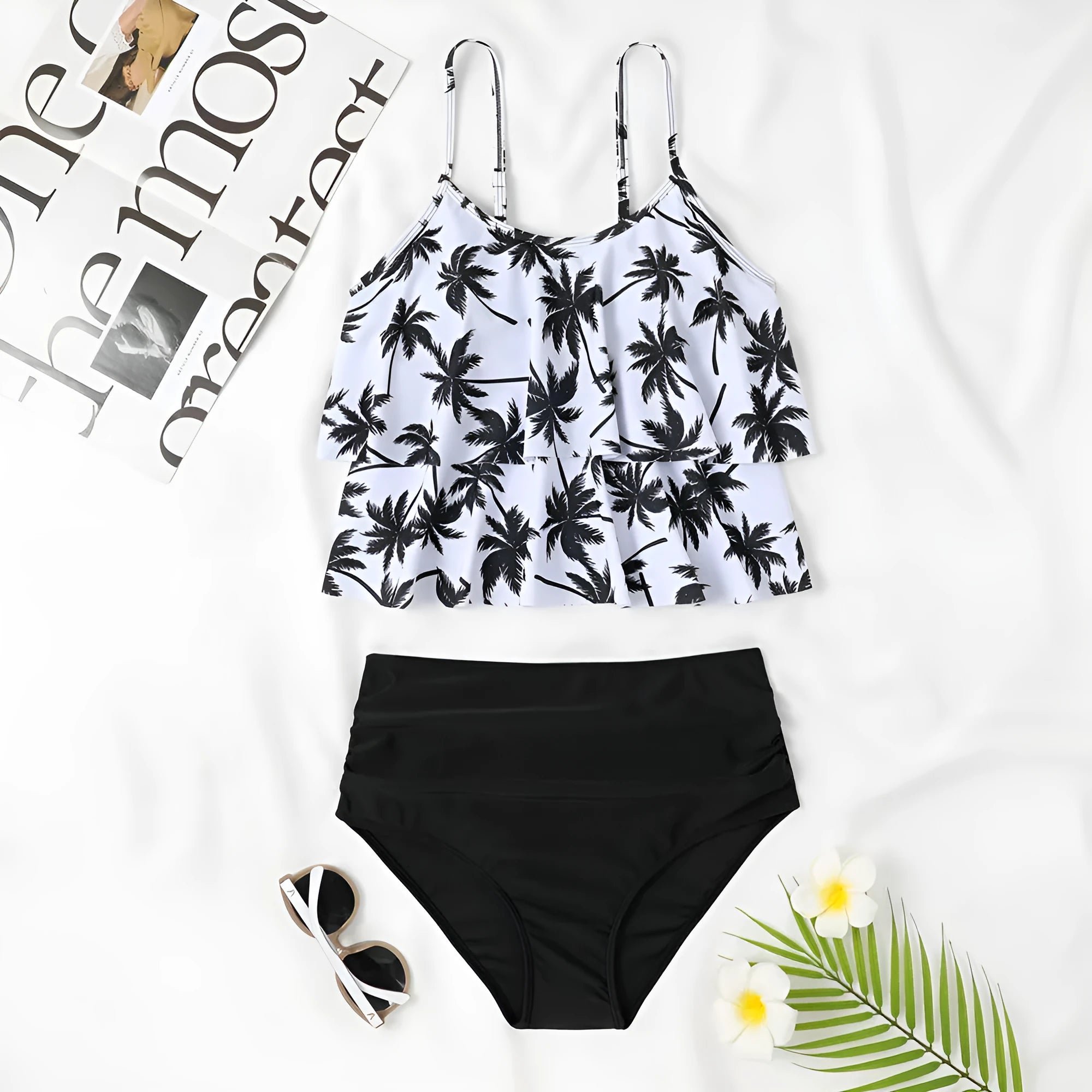 High waist double-layer swimsuit briefs in coconut tree print design with sleeveless cut