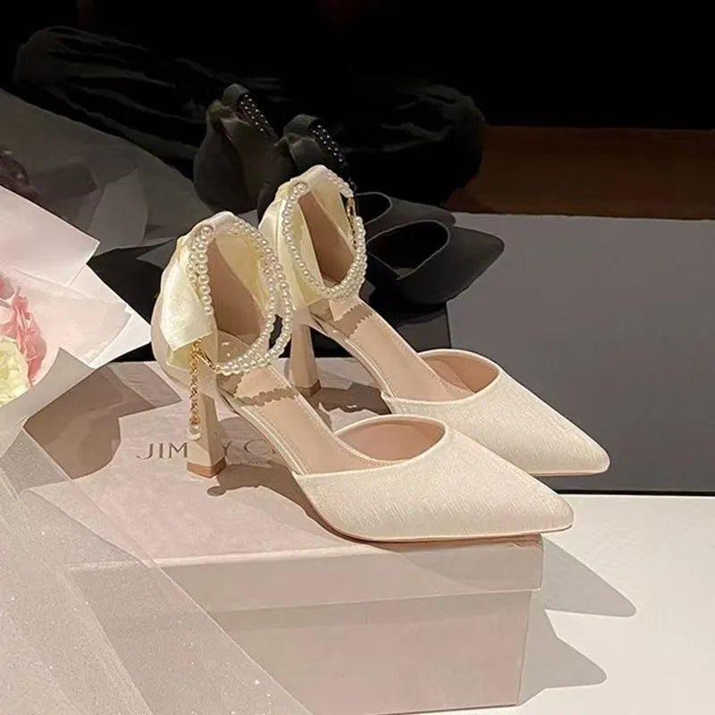 Fairy style bow high heels in apricot colour with mid wine glass heel and open toe, sizes 34-40