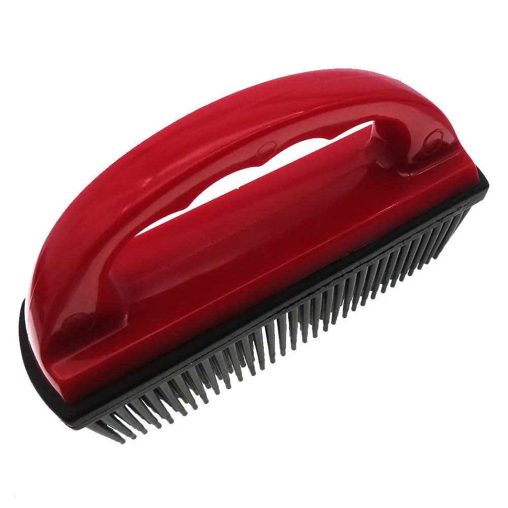Red pet hair removal brush with massage function for dog and cat grooming during baths measuring 160x85mm
