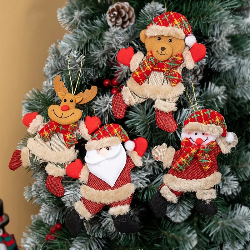 Set of 4 festive Christmas tree ornaments Santa snowman reindeer bear figures with red white scarves gold balls red bows