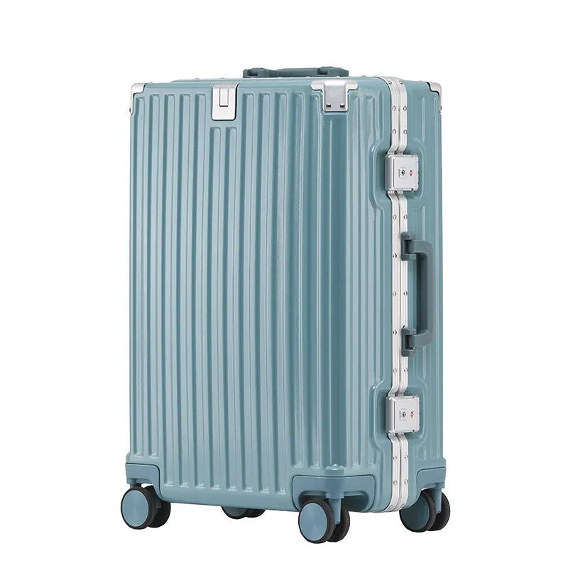 Aluminium frame trolley suitcase in avocado green with wheels and a USB port.