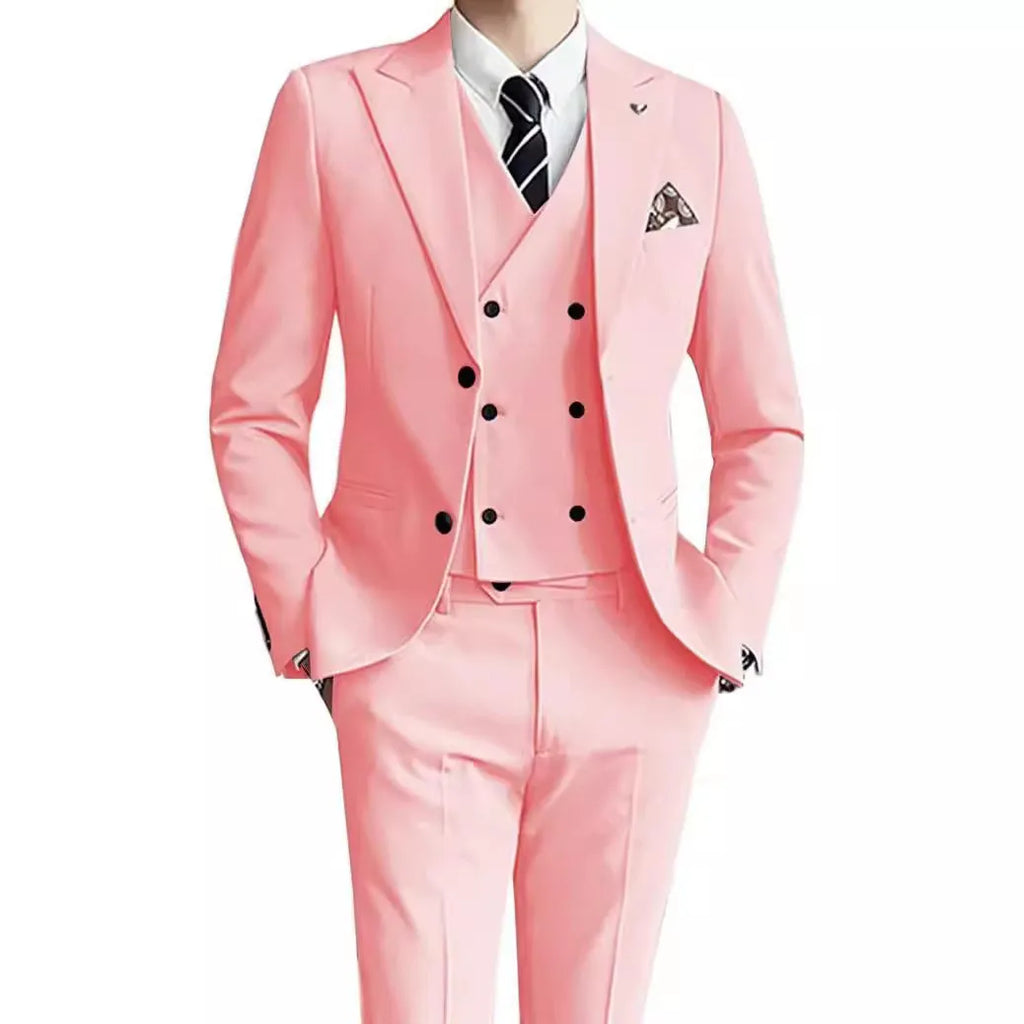 Men's three-piece suit set in linen blend fabric with jacket, waistcoat, and trousers, colour silver grey, front view