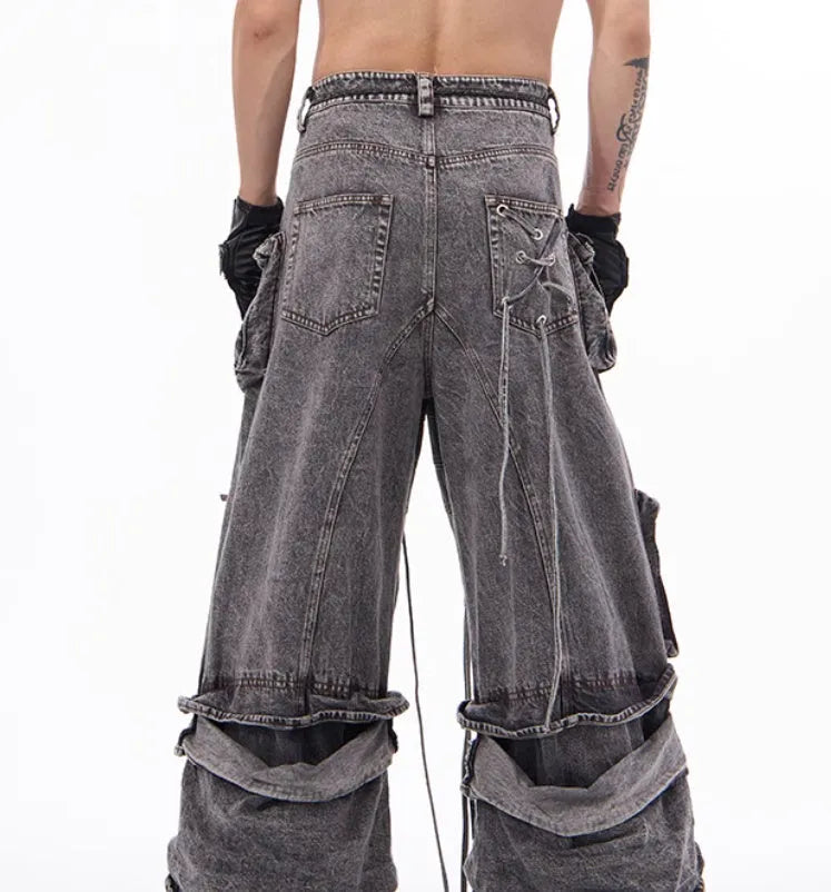 Grey distressed denim men's overalls with rope stitching and mop pant leg style