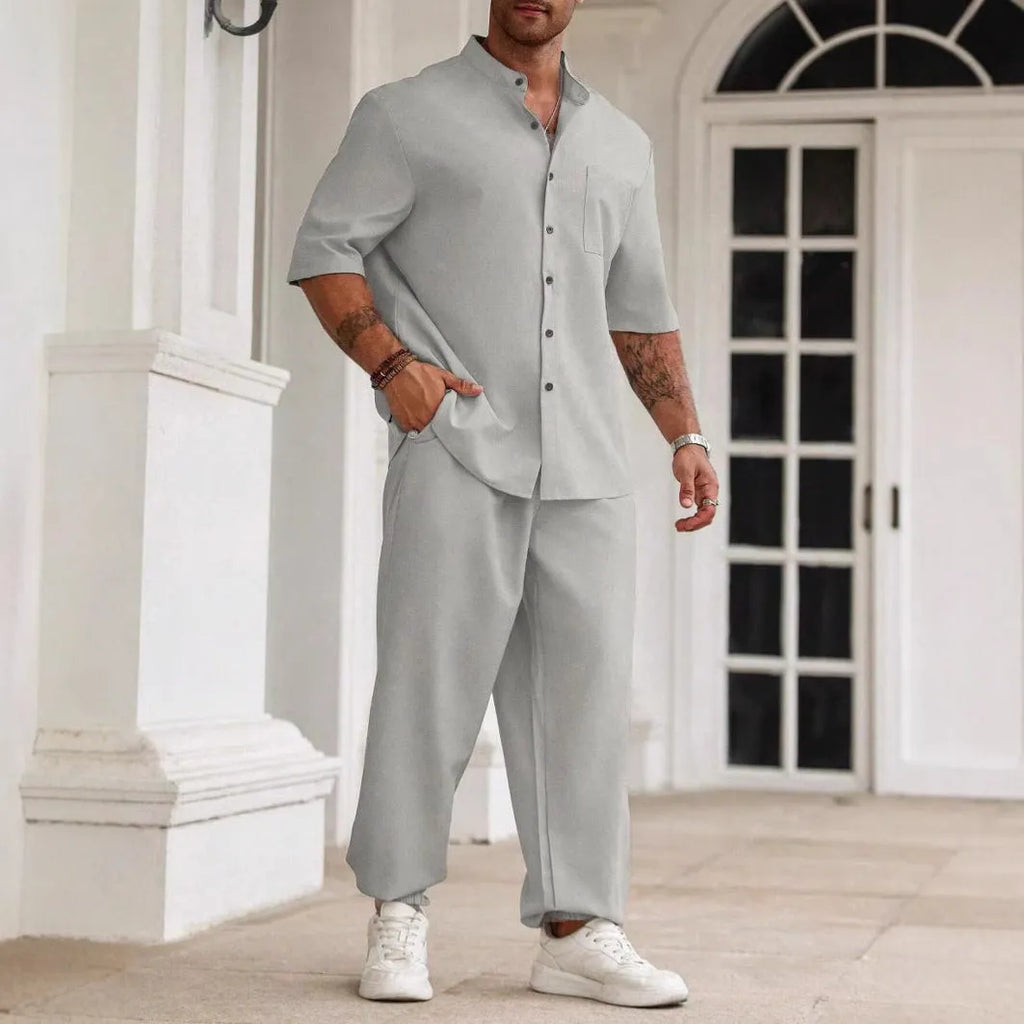 Men's cotton linen casual short-sleeved shirt and trousers set in apricot, black, or grey colours