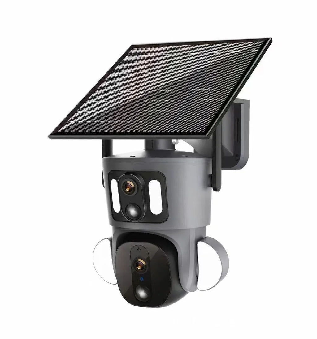 Solar binocular three-screen surveillance camera with solar panel for outdoor security monitoring