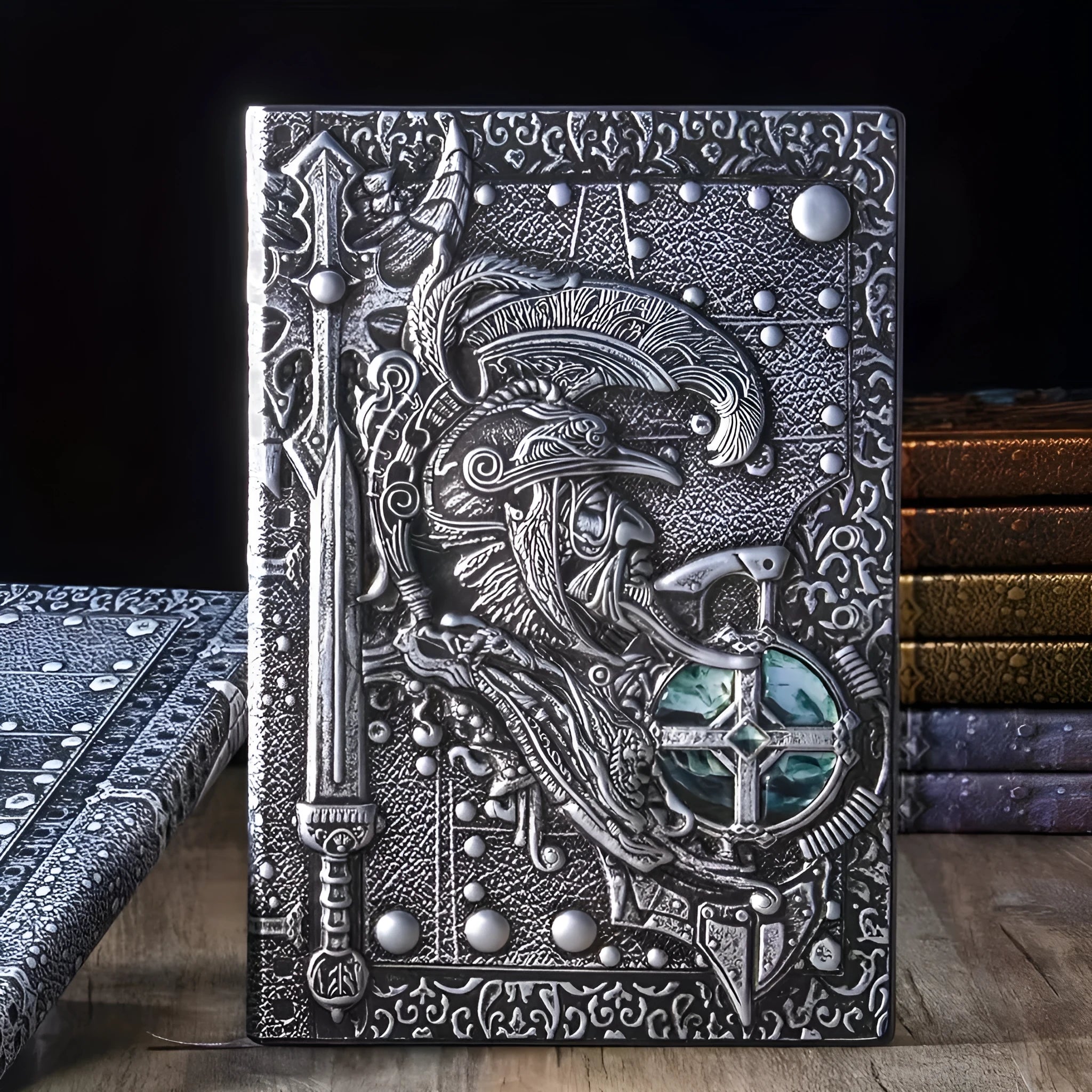 A5 leather notebook with an embossed 3D warriors relief design on the cover, shown open on paper pages.