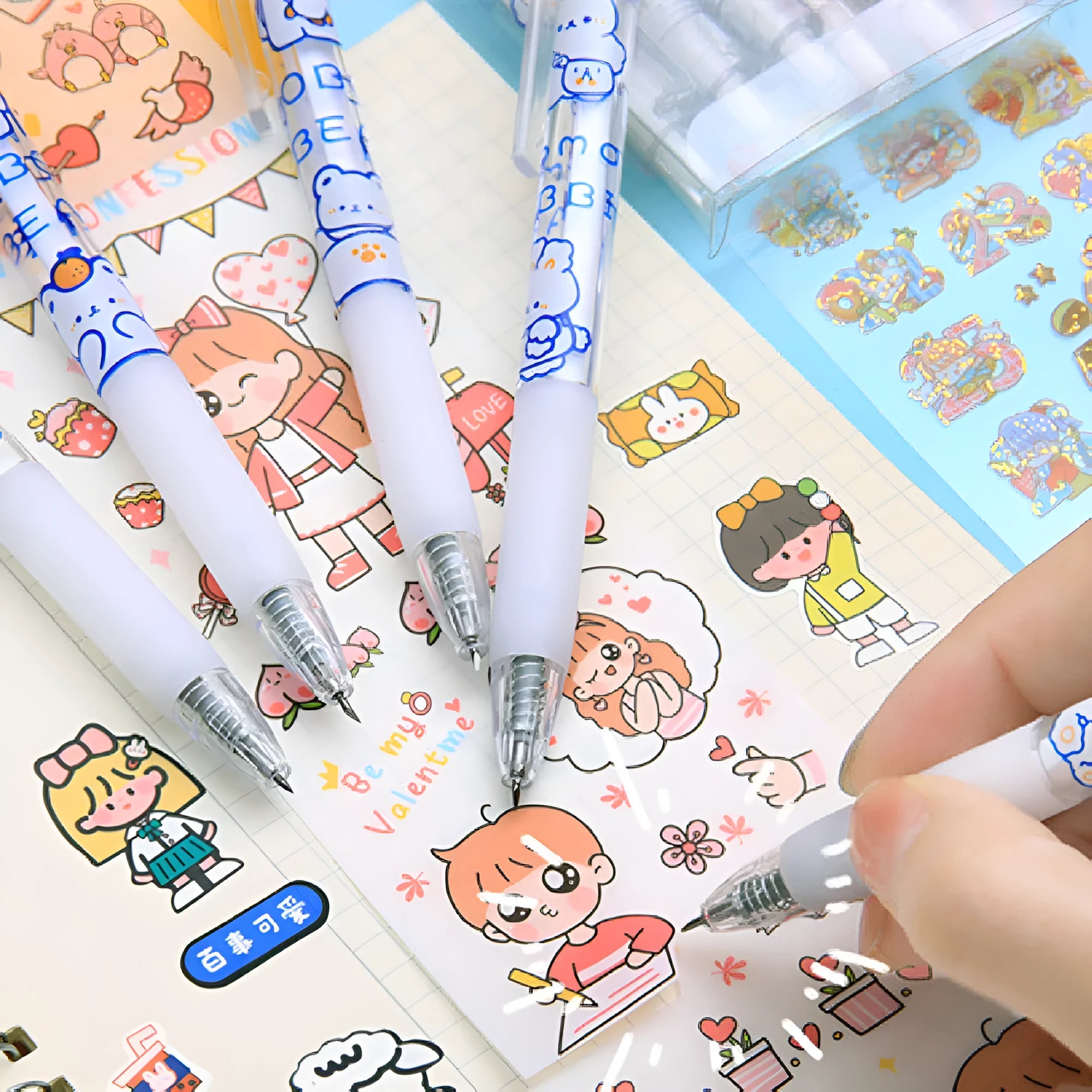 Set of six cute bear and bunny themed press pen knives on a white background.