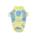 Blue and yellow striped wool dog jumper for small breeds shown in casual style