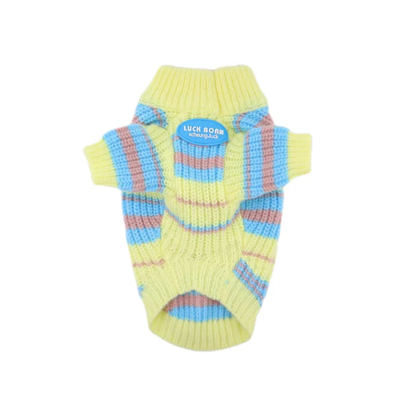 Blue and yellow striped wool dog jumper for small breeds shown in casual style
