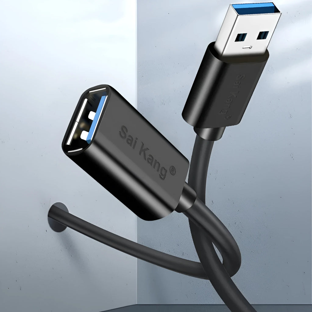 Black USB 3.0 and 2.0 male to female extension cable with double-layer shielding.