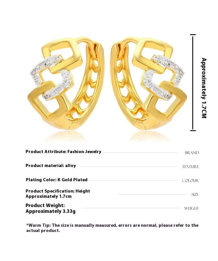 Gold electroplated geometric hollow-out earrings with ear clip fastening on white background