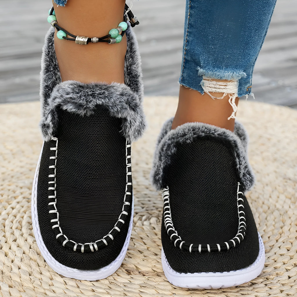 Thickened indoor leisure warm top snow boots for women, solid colour, flat heel, rubber sole, artificial PU upper, round toe, shown in blue
