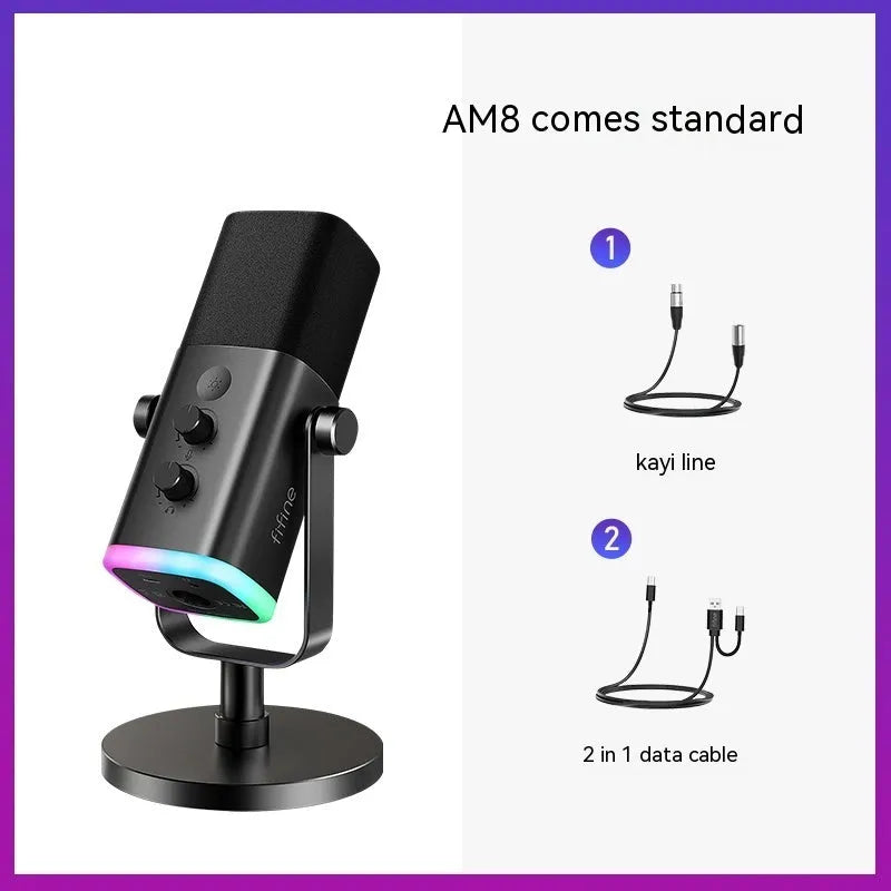 Black dynamic noise reduction microphone with XLR and USB ports on desktop base