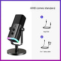 Black dynamic noise reduction microphone with XLR and USB ports on desktop base
