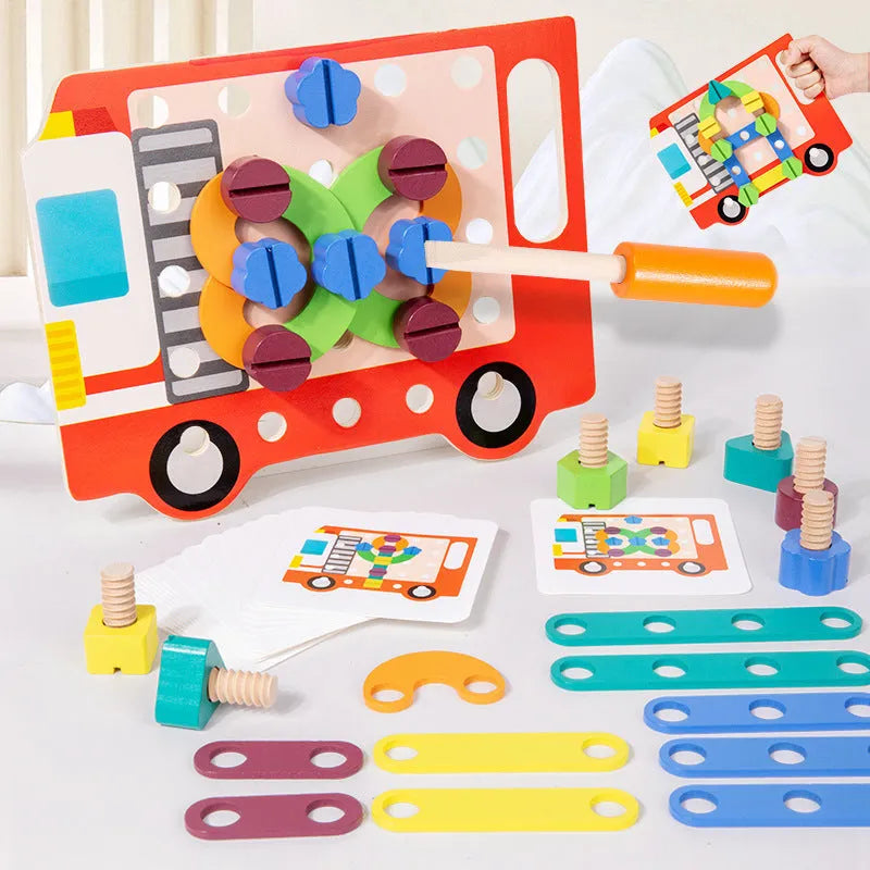Wooden twist screw puzzle board with changeable shape and colour pieces for toddler matching game