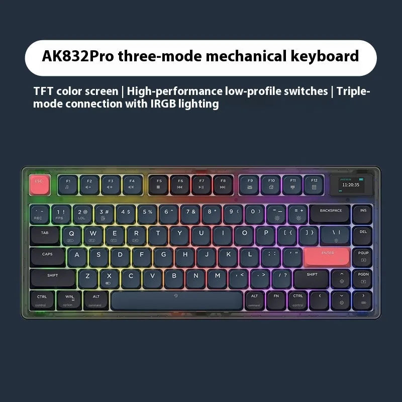 Ajazz AK832PRO green three-mode mechanical keyboard with colour screen on a desk.