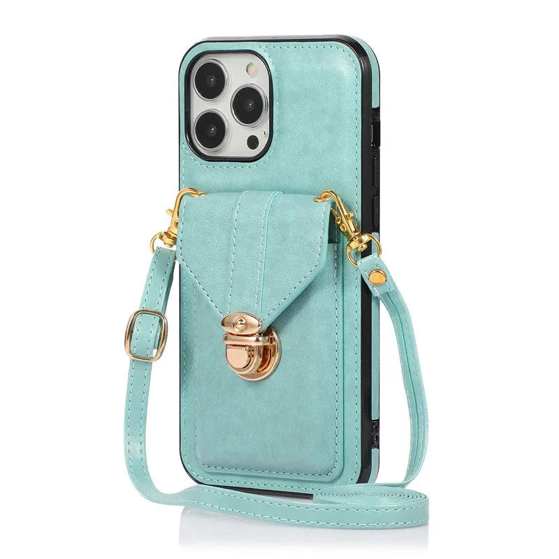 Creative Card Leather Diagonal Lanyard New Mobile Phone Case in black with lanyard and card slot