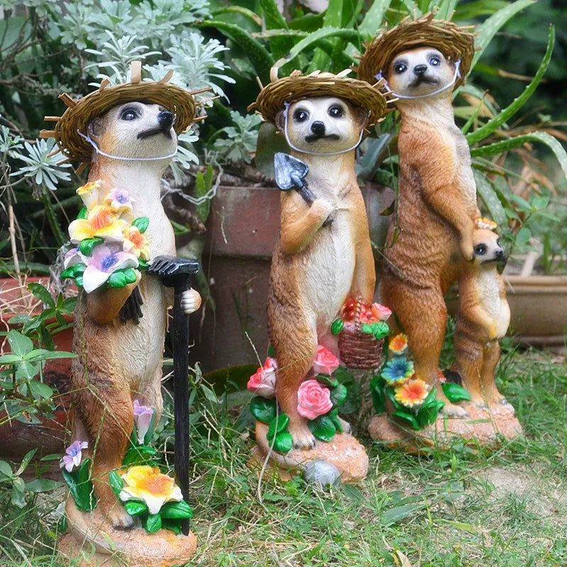 Straw hat mongoose plastic resin garden ornaments in three colour variations
