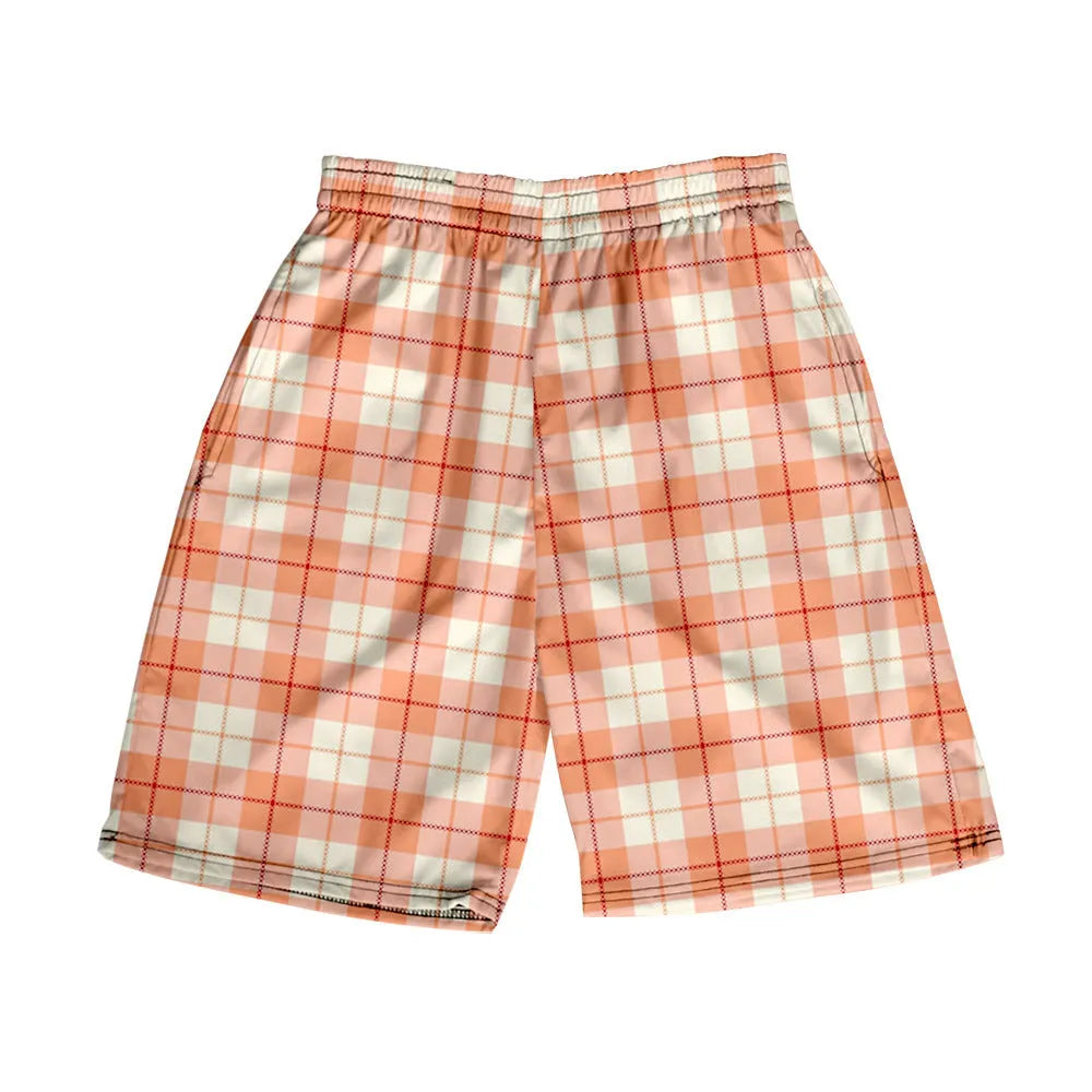 Men's plaid shorts with digital print pattern in polyester fabric, straight fit casual beach pants