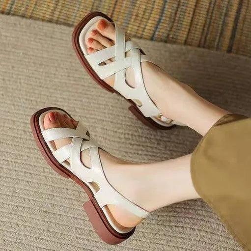 Women's patent leather square toe beach sandals with cross straps in black, brown, and off-white colours.
