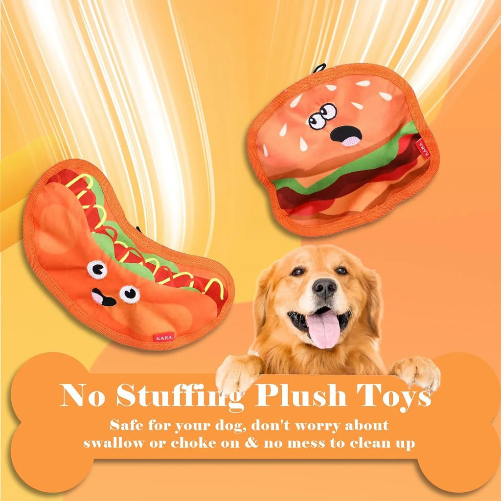 Colourful hamburger-shaped dog chew toy with crinkle and squeak features for interactive play.