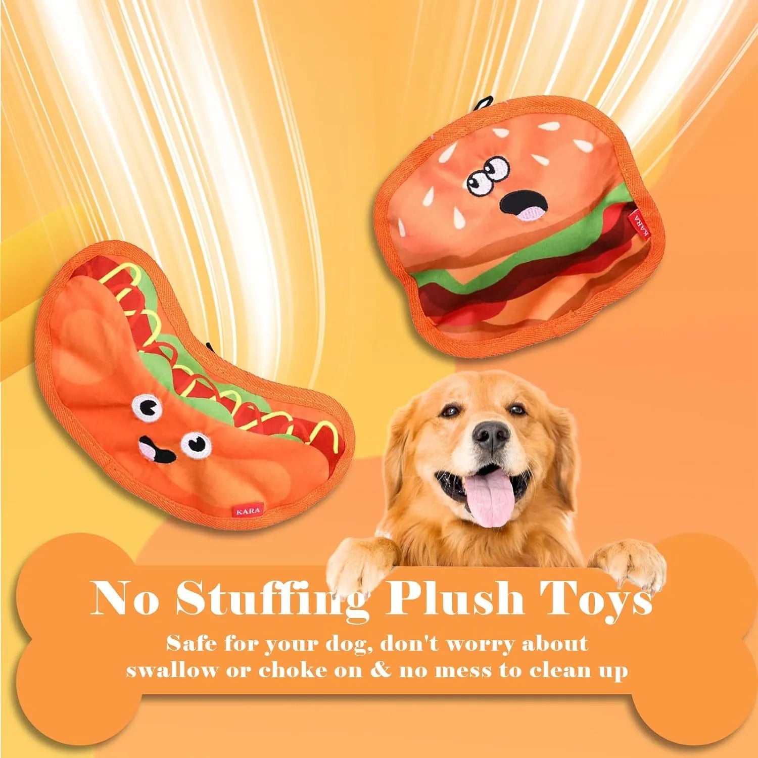 Colourful hamburger-shaped dog chew toy with crinkle and squeak features for interactive play.