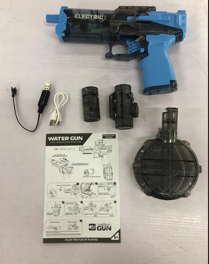 Fire Rat electric water pistol in black, blue, or red with USB charging cable
