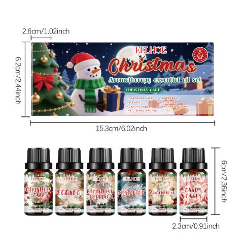 Christmas aromatherapy oil set showing six 60ml bottles for festive home fragrance