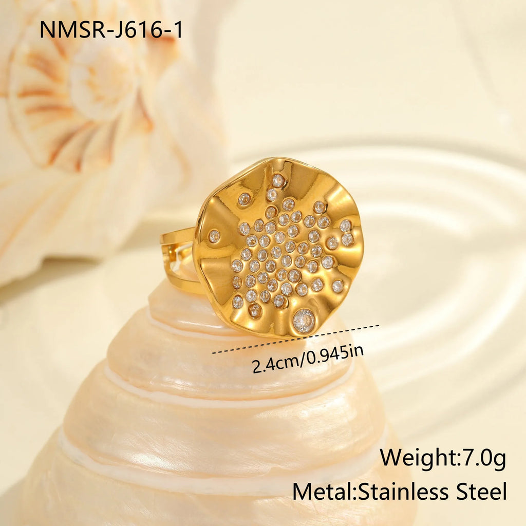 Pleated geometric titanium steel ring with crystal inlays and open mouth adjustable design