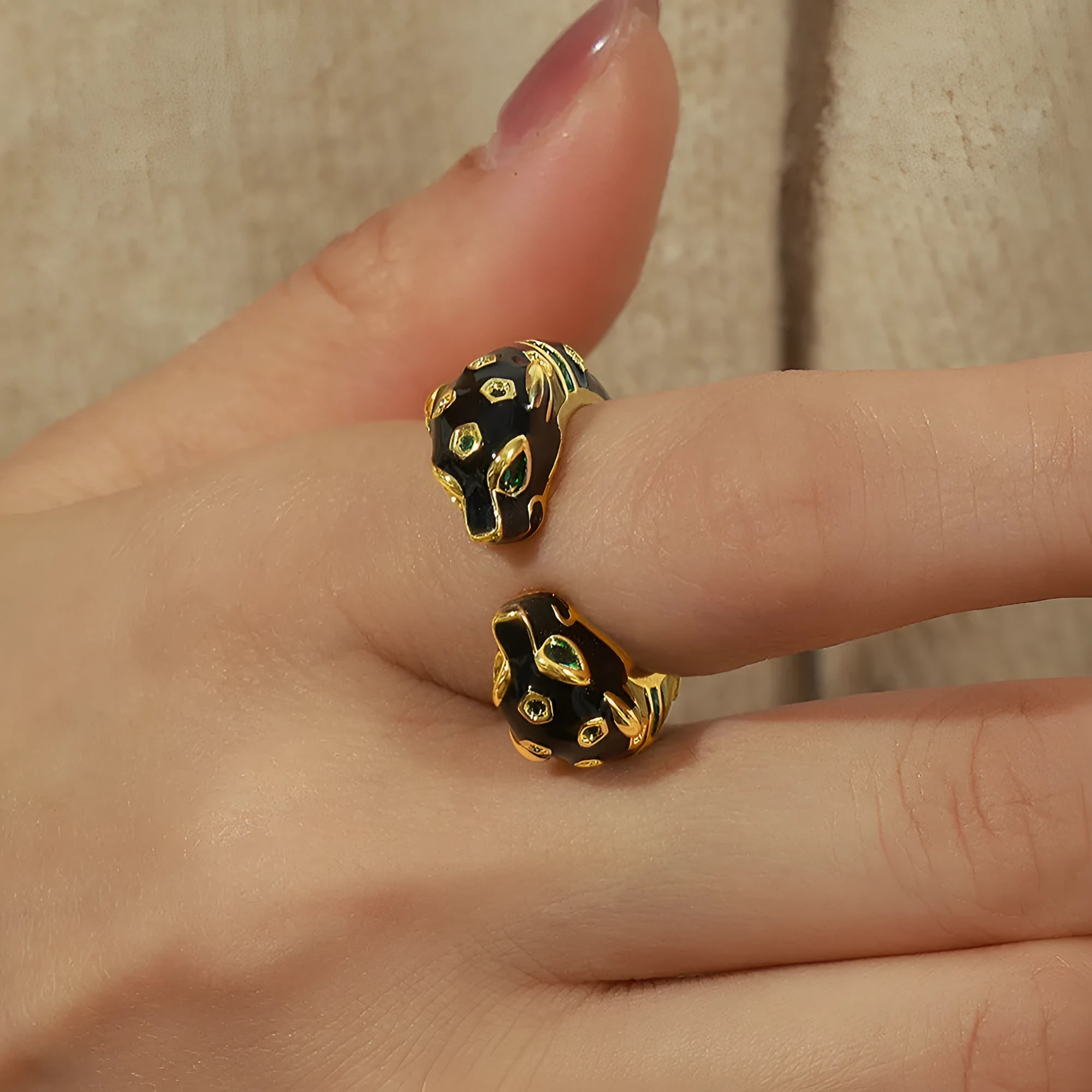 Copper women's open ring with black cheetah pattern geometric design size No.7
