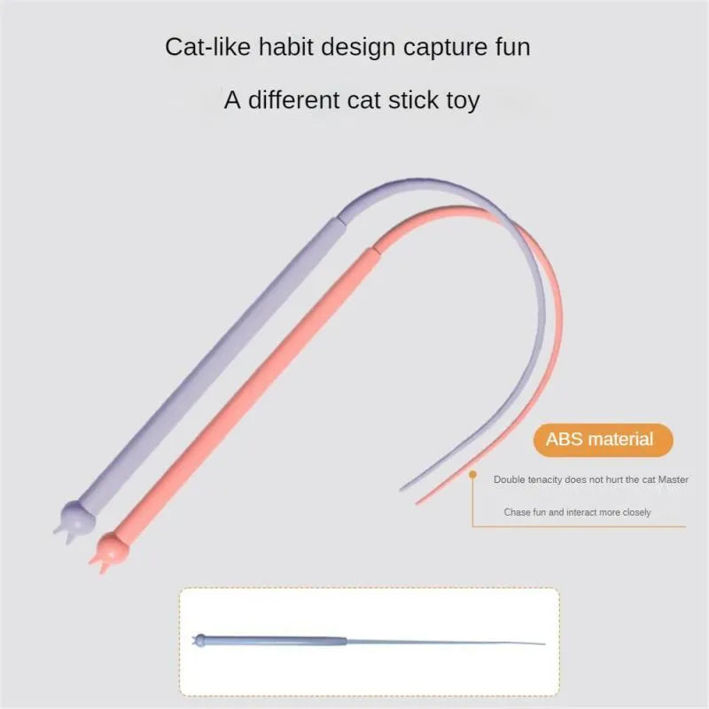 Blue cat teasing wand with long silicone mouse tail and cat head handle on white background