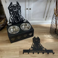 Personalised dog bowl holder with stainless steel bowl and iron dog head decoration in custom colour