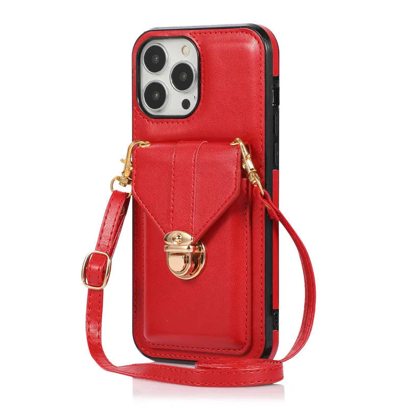 Creative Card Leather Diagonal Lanyard New Mobile Phone Case in black with lanyard and card slot