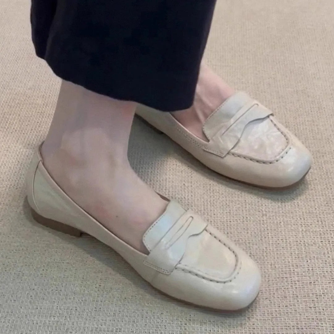 Women's flat square toe leather shoes in Beige White with low heel and cowhide lining on a plain background