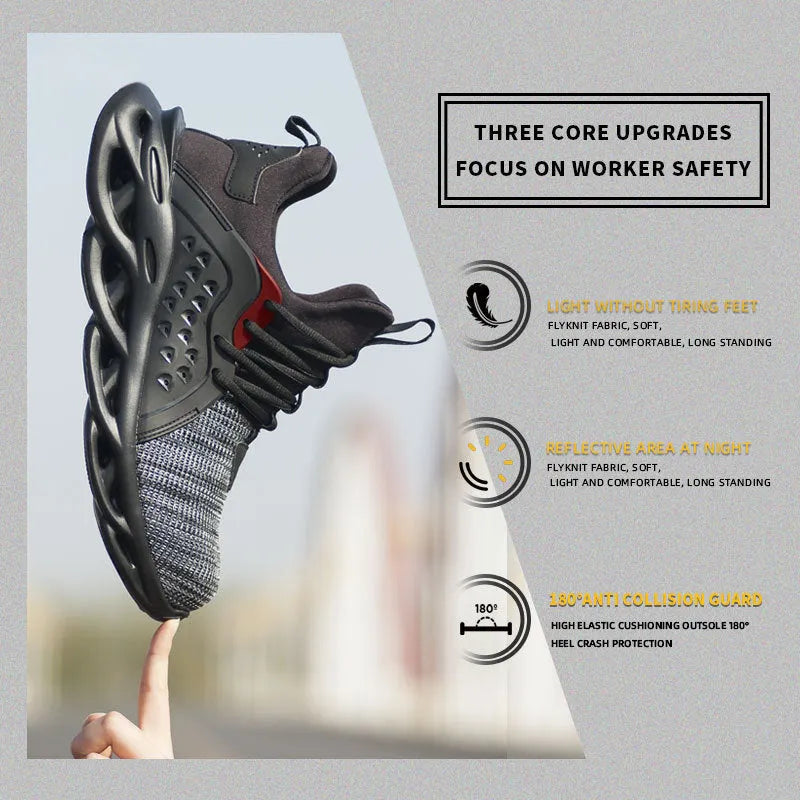 Men's anti-puncture safety sneakers with steel toe, lace up, black, breathable fly woven upper and EVA sole