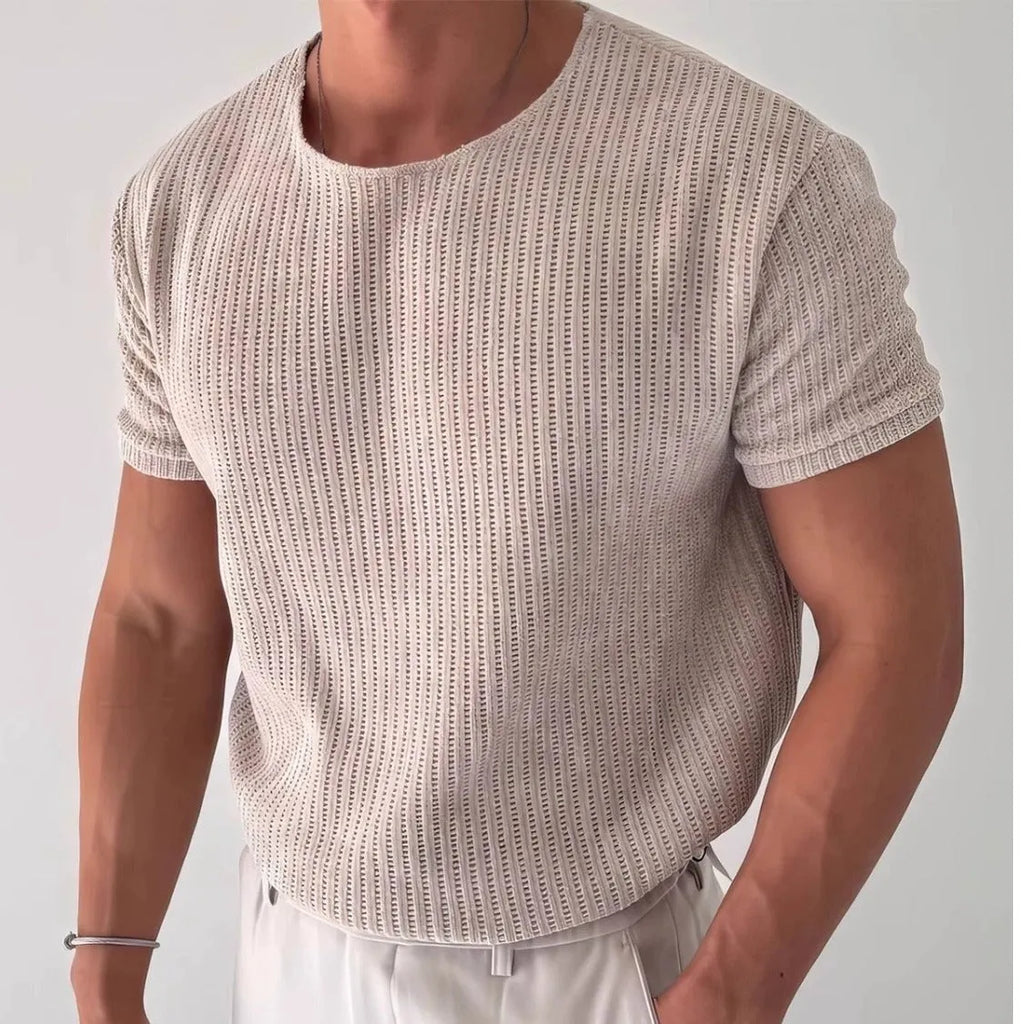 Men's breathable short-sleeve round neck T-shirt in apricot, loose fit polyester fabric