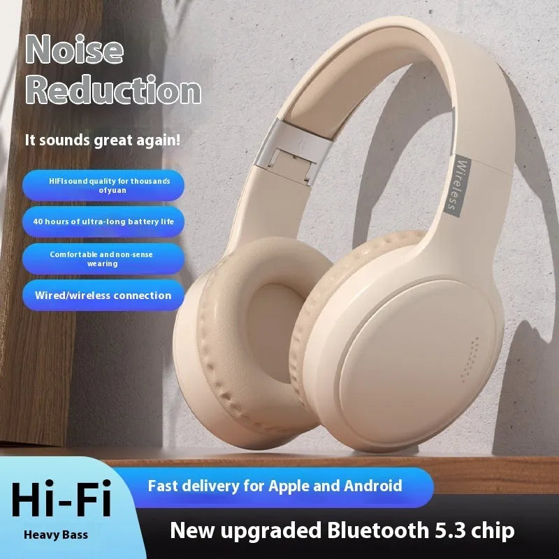V10 Bluetooth headset wireless in milky white, lightweight ABS material, head-mounted design